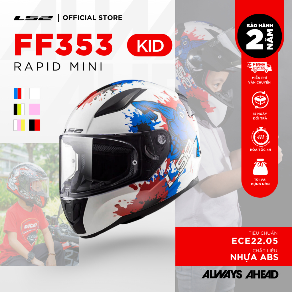 Mũ Bảo Hiểm Fullface LS2 FF353 Rapid Mini Cho Bé Từ 4-6 Tuổi Chuẩn Châu Âu ECE 2205 Đi Phố Hàng Ngày