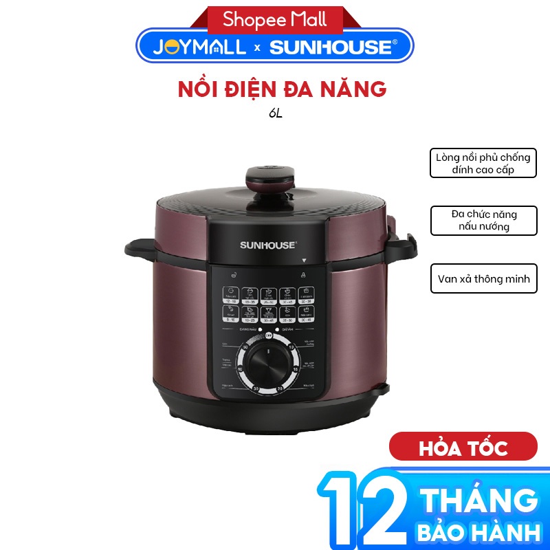 Nồi Áp Suất Điện Đa Năng Sunhouse SHD1657 6L 1000W, Hàng Chính Hãng, Nấu Nhanh Chóng- JoyMall