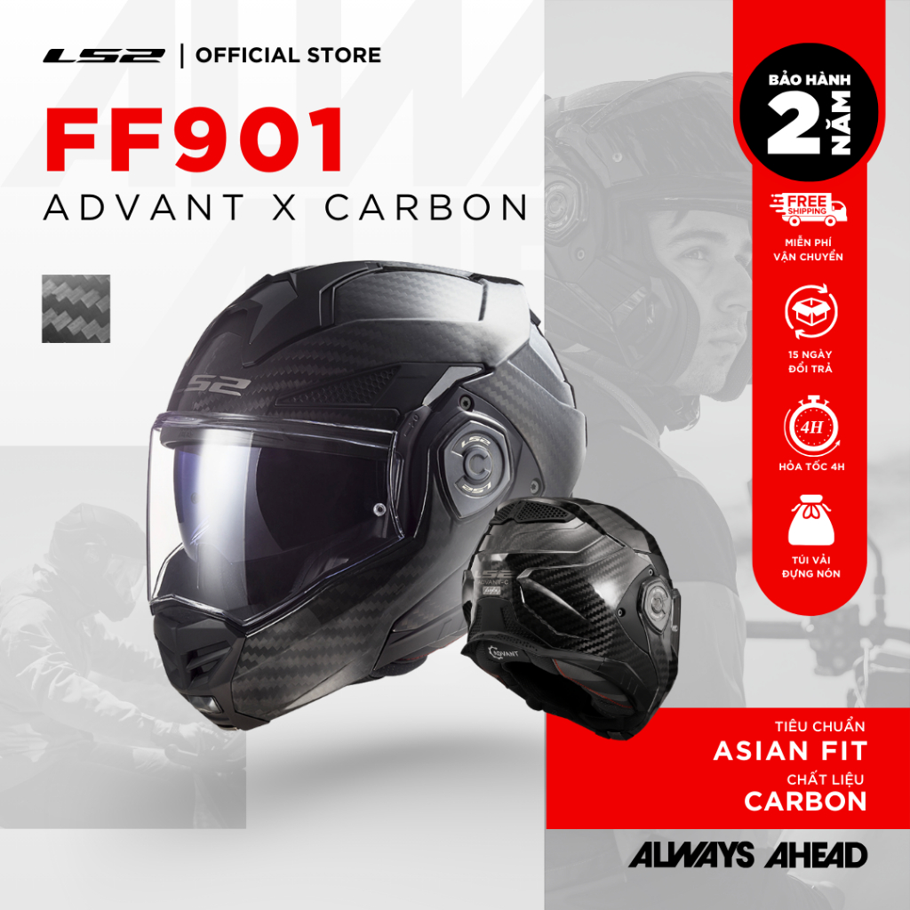 Mũ Fullface Lật Hàm Carbon LS2 FF901 C Advant-X Carbon – Lật Hàm 180°, Chuẩn ECE22.06