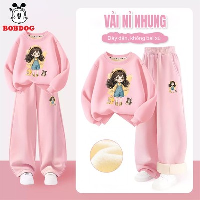 Set đồ bé gái BOBDOG, bộ nỉ bé gái chất liệu nỉ nhung dày ấm in hình cô gái cute RU1-KS10
