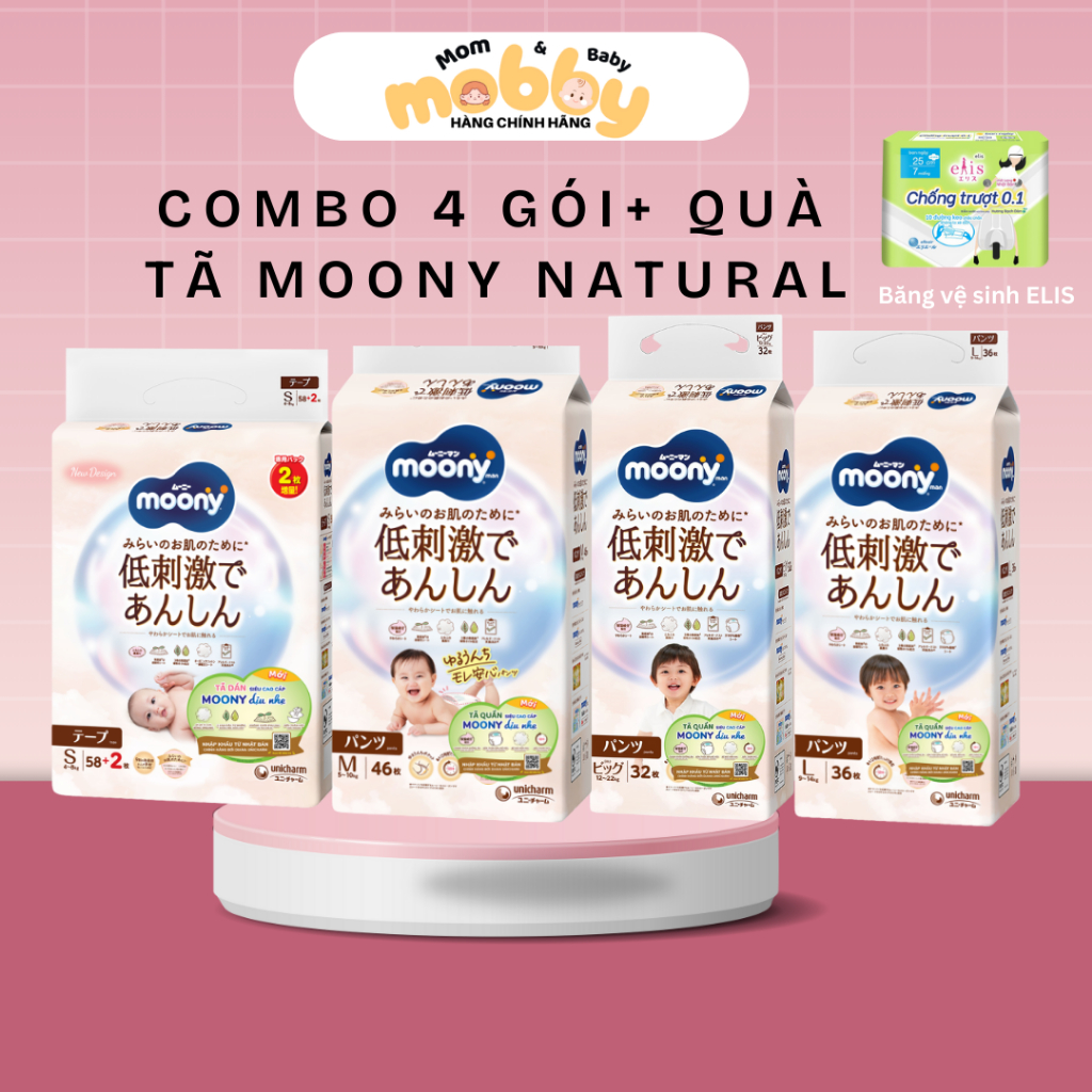 COMBO 4 GÓI TÃ/BỈM MOONY NATURAL ĐỦ SIZE CHÍNH HÃNG