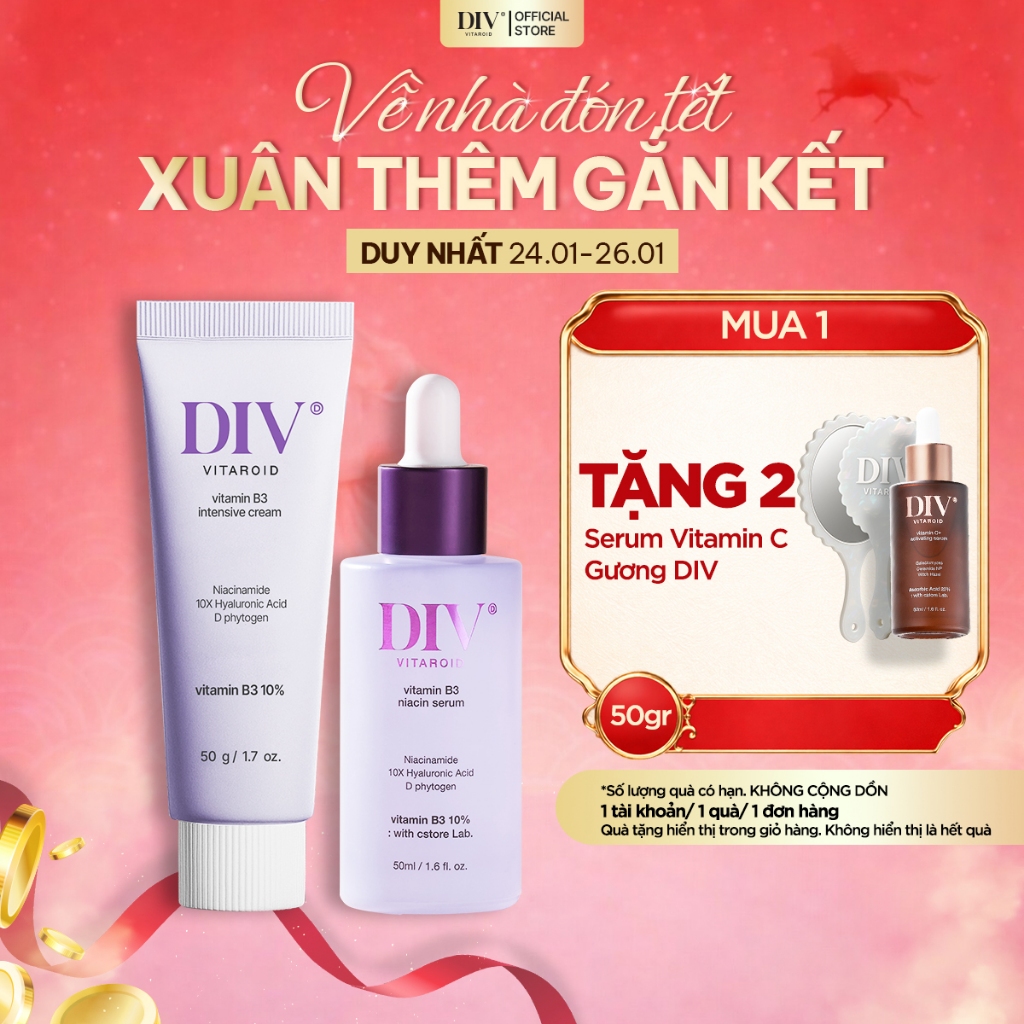 Bộ Đôi Serum 50ml & Kem Dưỡng 50g Vitamin B3 DIV Hỗ Trợ Dưỡng Sáng, Căng Mướt Cho Da Với 10% Niacina