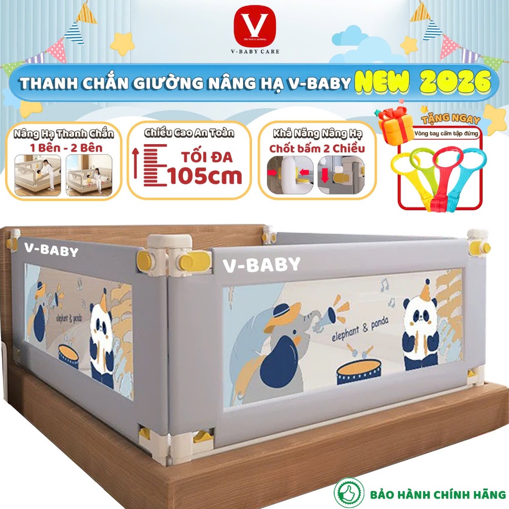 (Mẫu Mới) Thanh Chắn Giường V-BABY Nâng Cấp Mới 2026, Chắn Giường Cho Bé Nâng Hạ 1 Bên - 1 thanh