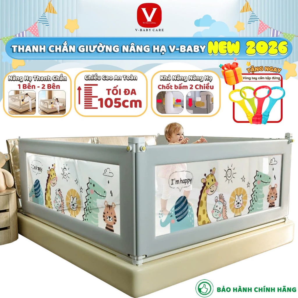(Mẫu Mới) Thanh Chắn Giường Cho Bé V-BABY Nâng Cấp Khóa Kép, Chắn Giường Nâng Hạ 1 Bên, Cao 105cm
