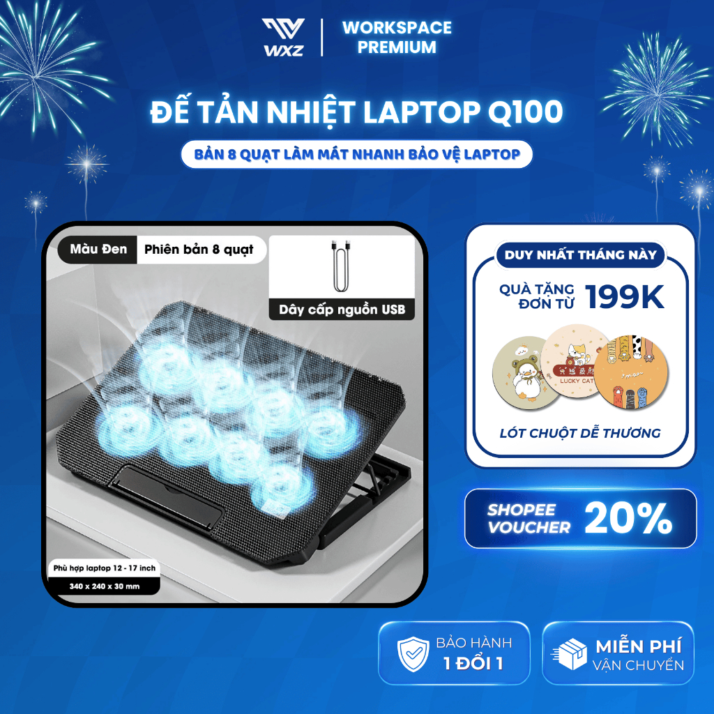 Quạt Tản Nhiệt Laptop Q100 8 Quạt Siêu Mát, Làm Mát Nhanh, Quạt Êm, Giá Đỡ Laptop 4 Mức Cao Gọn Nhẹ