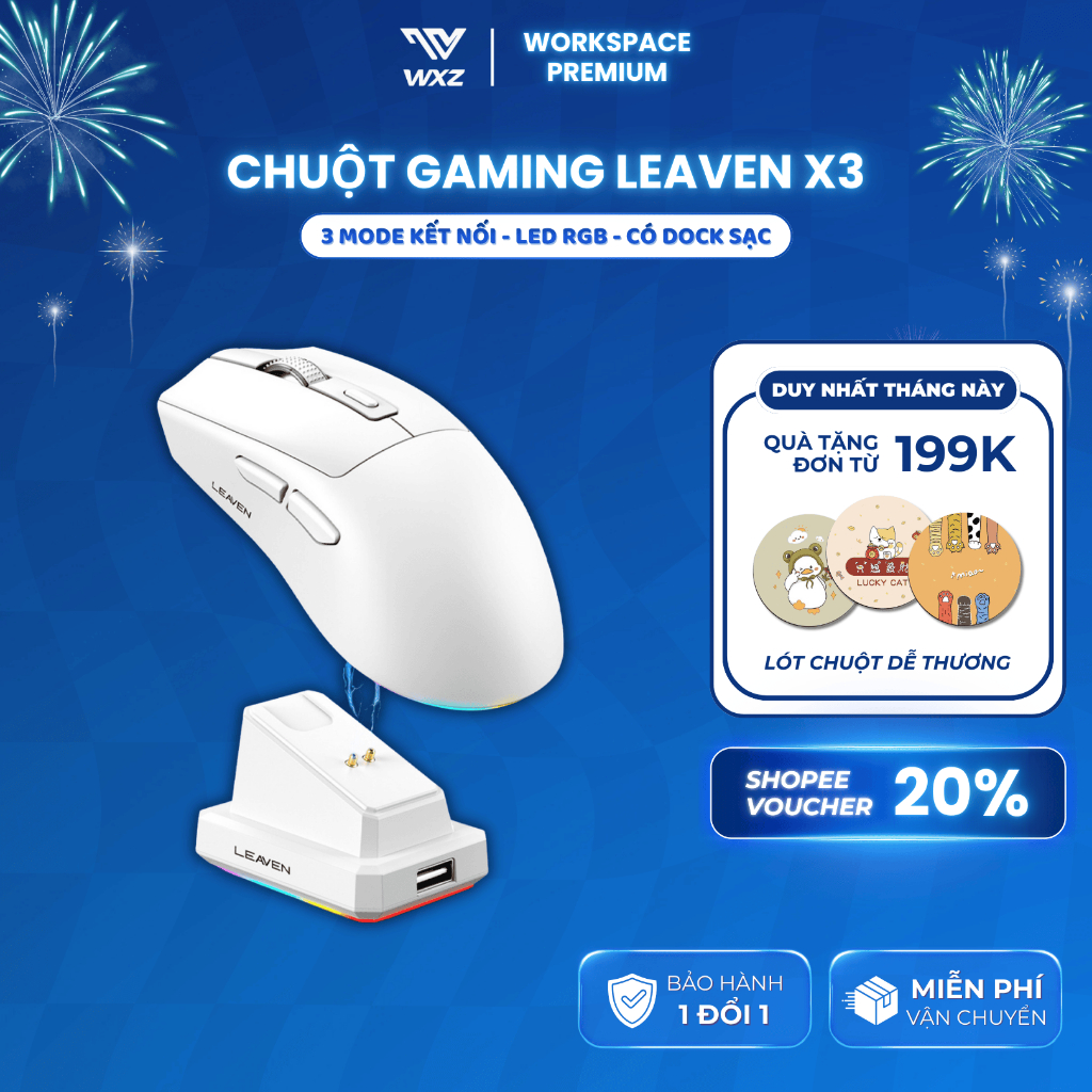 Chuột Gaming Leaven X3 Pro, LED RGB, 1600 DPI, 2 Mode Kết Nối Bluetooth Và 2.4G, Dock Sạc Từ Type-C