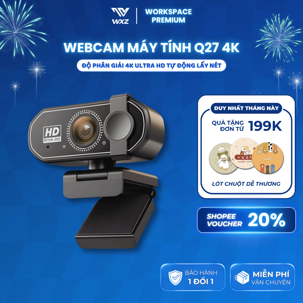 Webcam 4K Ultra HD Cho Máy Tính & Laptop, Camera Góc Rộng Xoay 360°, Mic Kép Thu Âm Rõ Nét