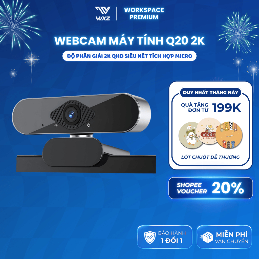 Webcam Máy Tính Laptop Q20 Độ Phân Giải 2K, Tự Động Lấy Nét, Tích Hợp Micro Học Online Livestream
