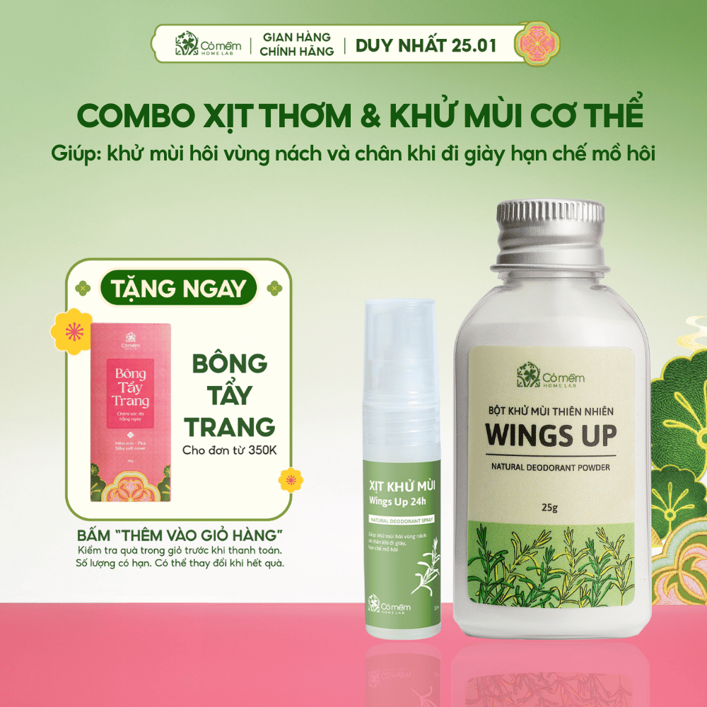 Combo Bột Khử Mùi Wings Up Và Xịt Thơm Khử Mùi Hôi Kháng Khuẩn Cỏ Mềm