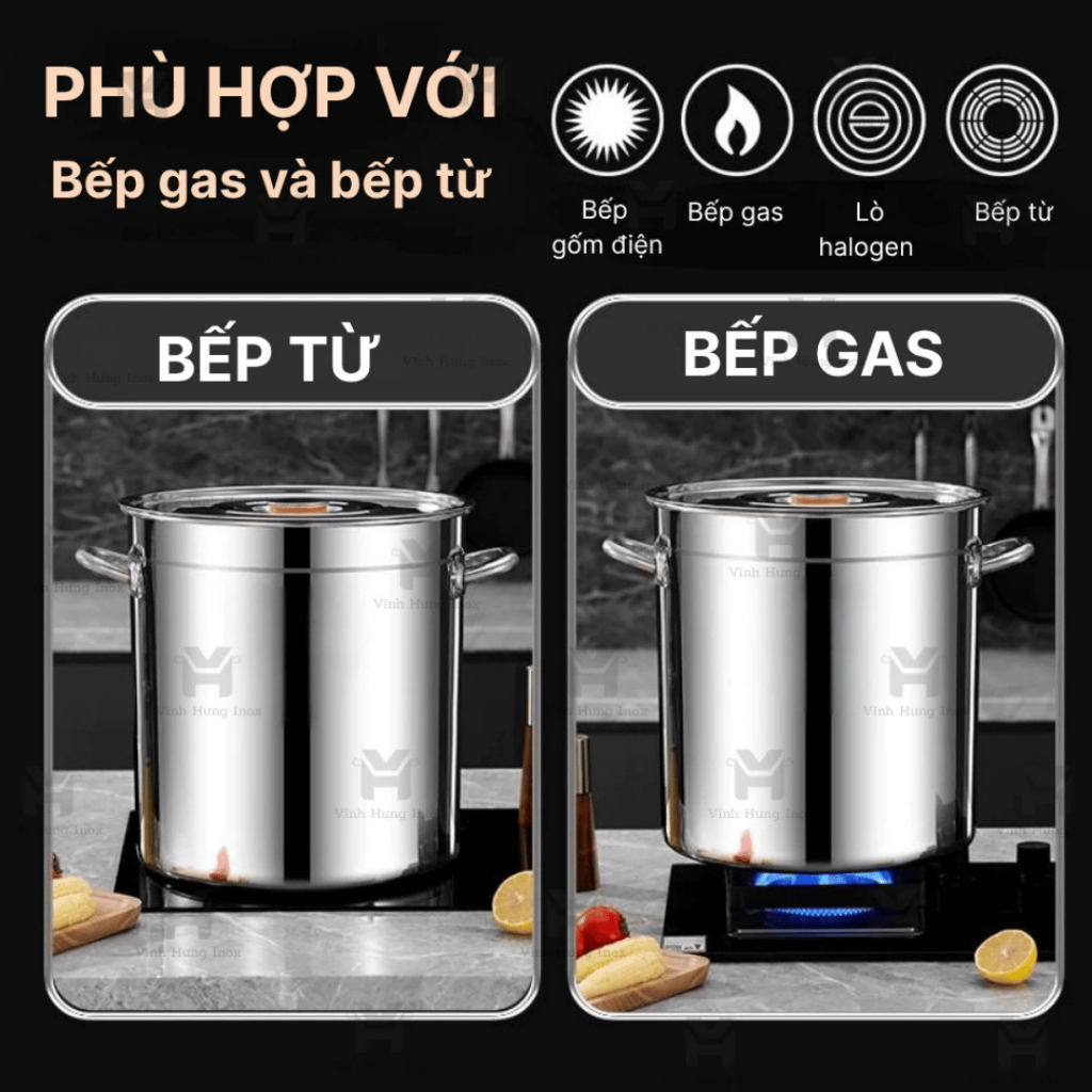 Nồi Inox thân cao đáy dầy cao cấp 20L-100L ,cho bếp từ. bếp ga,kt 30cm-50cm