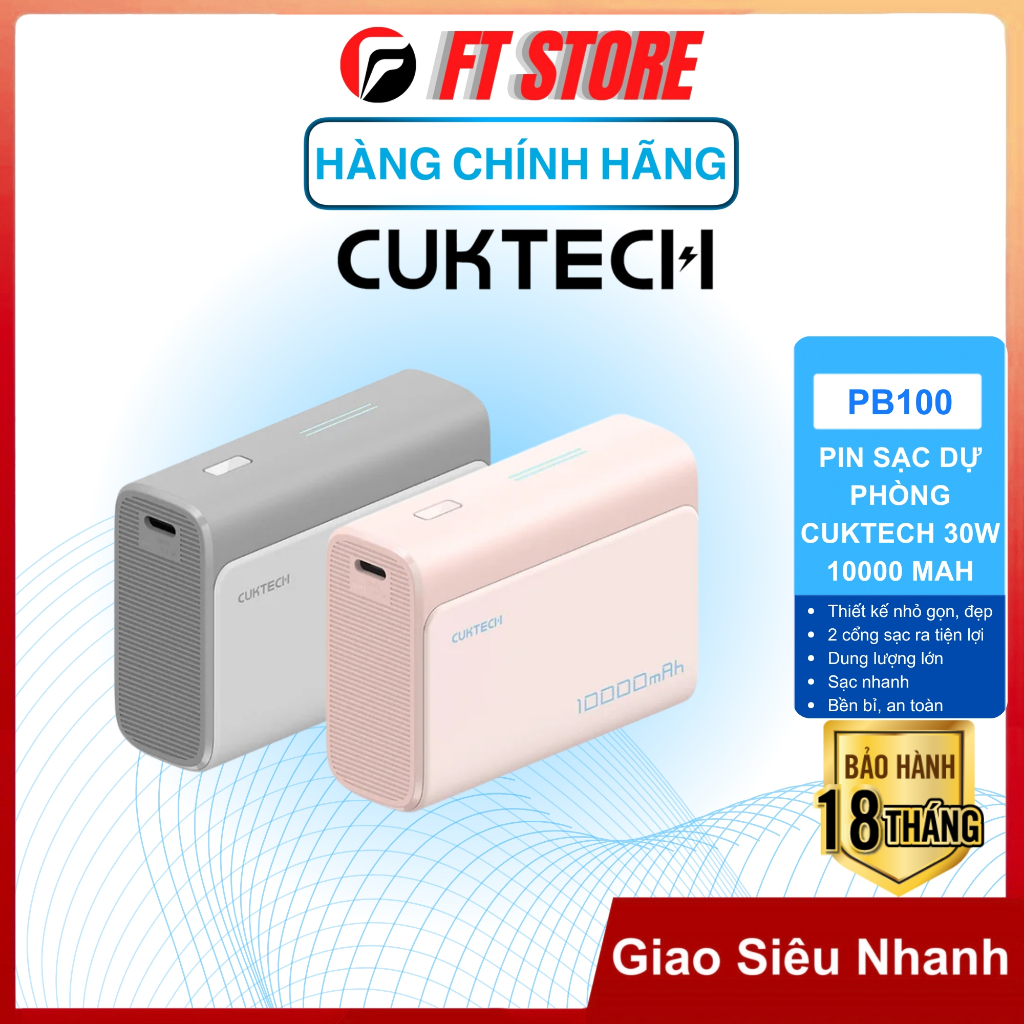 Sạc dự phòng Cuktech PB100 10.000mAh 30W Nhỏ Gọn, Sạc Nhanh PD3.0/PPS/QC3.0/QC - Bảo hành 18 tháng