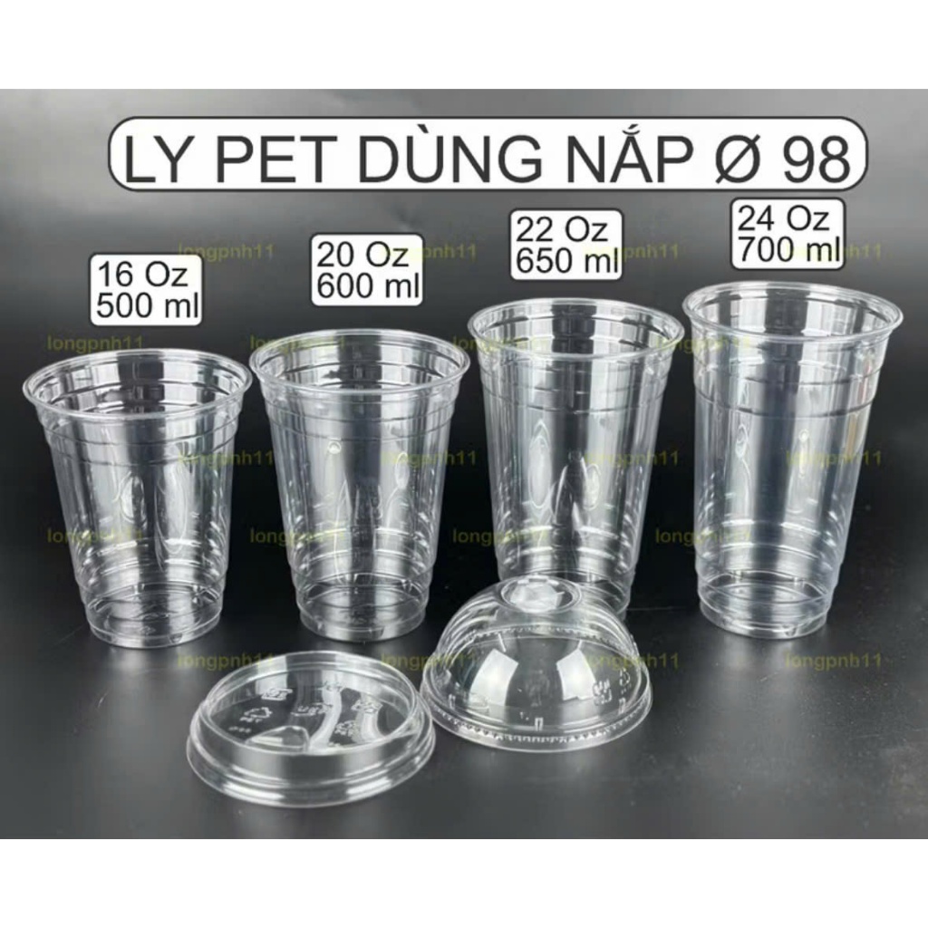 50 Ly nhựa PET PHI 98 dày, đáy bằng, ly dùng 1 lần, có kèm nắp - 500ml, 600ml, 650ml, 700ml, cốc cof