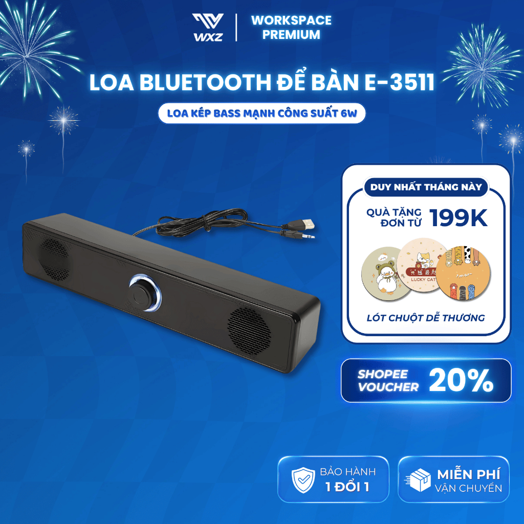 Loa Bluetooth E-3511 Loa Kép Công Suất 6W, Âm Thanh Bass Mạnh, Không Dây Cho PC Laptop Điện Thoại