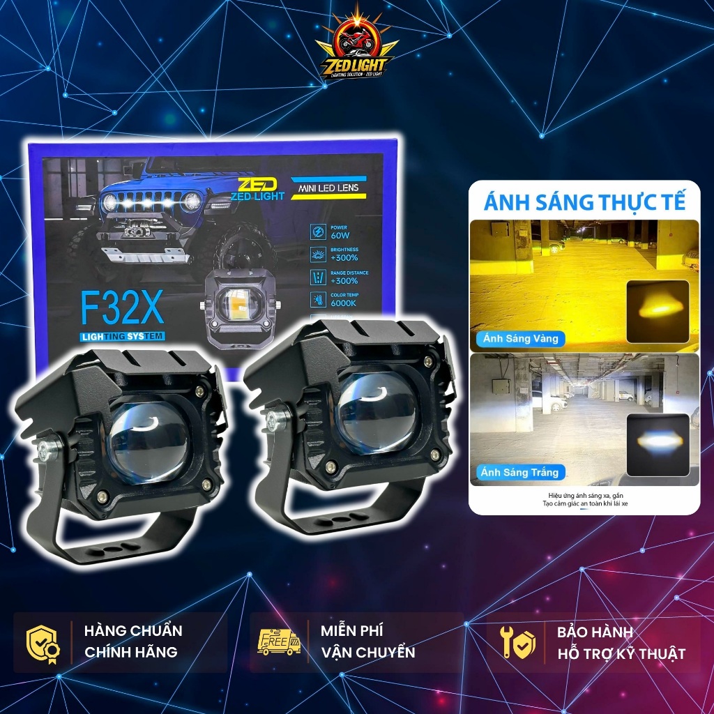 Đèn LED Trợ Sáng F32X ZEDLIGHT - 60W Ánh Sáng Mạnh Mẽ Cos Vàng Pha Trắng Chuyên Lắp Oto Xe Máy Chống