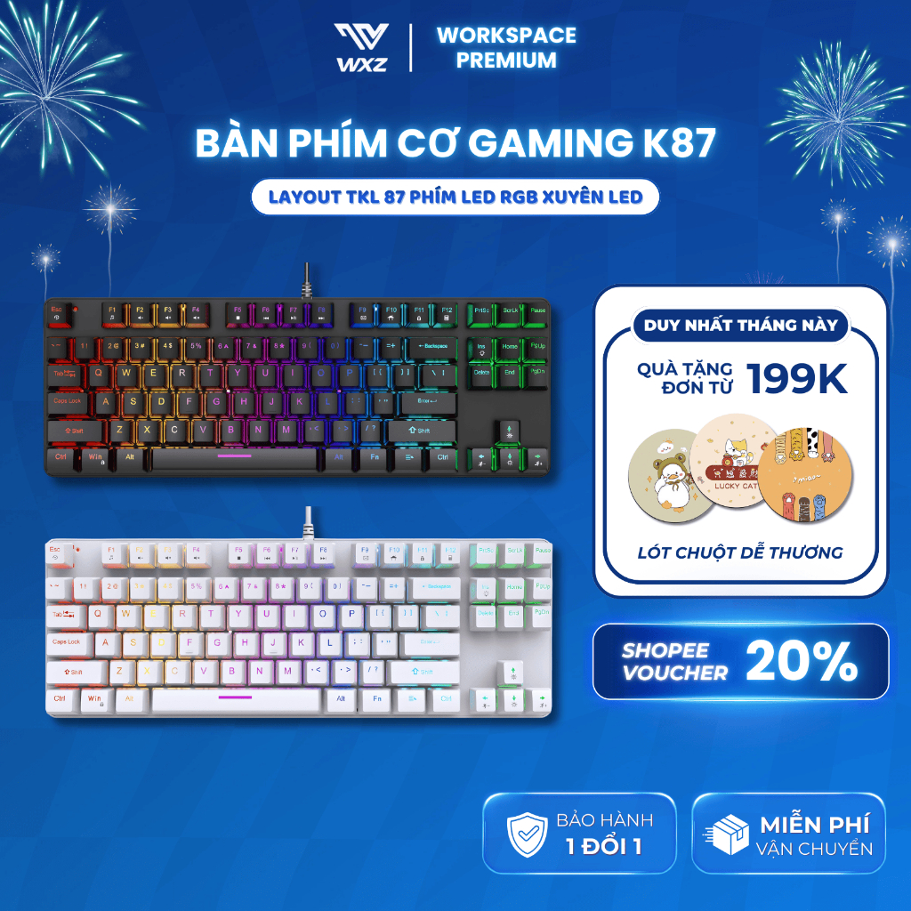 Bàn Phím Cơ K87 Pro TKL RGB – Blue Switch Clicky, 87 Phím Gọn Nhẹ, Keycap ABS Xuyên Đèn