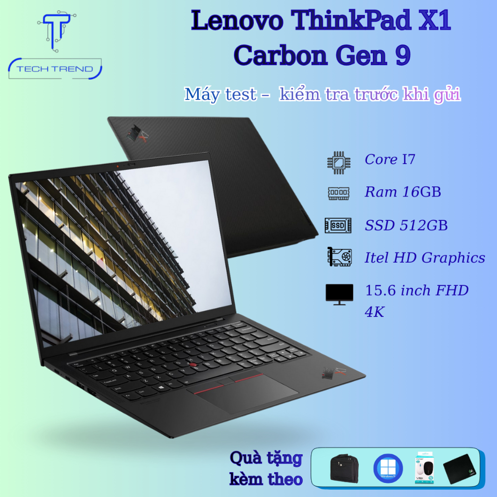 Laptop Lenovo ThinkPad X1 Carbon Gen 9, Core i7, Ram 16GB, SSD 512GB, 14inch 4K FHD màn siêu nét