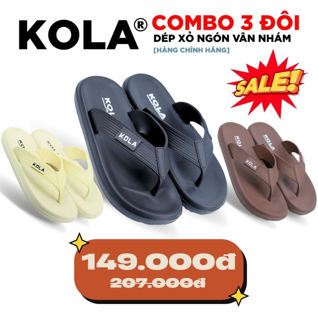[COMBO 3 ĐÔI] Dép Kẹp Xỏ Ngón Vân Nhám Kola -  Siêu Bền, Nhẹ - Đế Chống Trơn Trượt