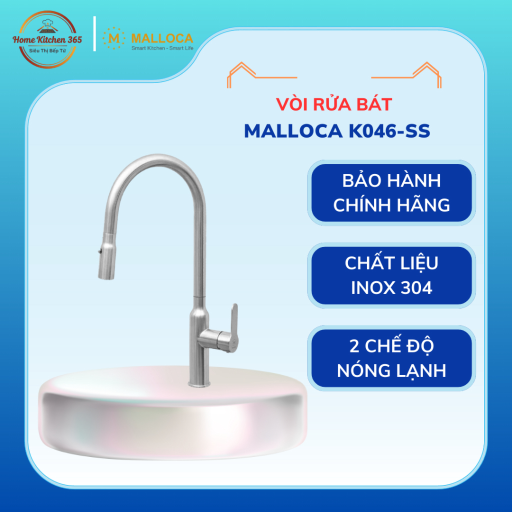 Vòi rửa chén Malloca K046-SS có dây rút - Dây Rút Dễ Dùng, Bảo Hành 3 Năm