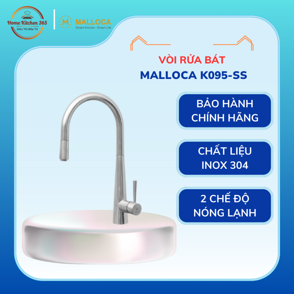 Vòi rửa chén Malloca K095-SS bảo hành 3 năm - Thiết Kế Hiện Đại, Xoay 360°