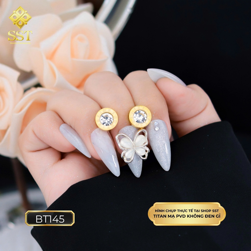 Bông Tai Titan SST Khắc Số La Mã Đính Đá Thật Mạ PVD Vàng 18K BT145