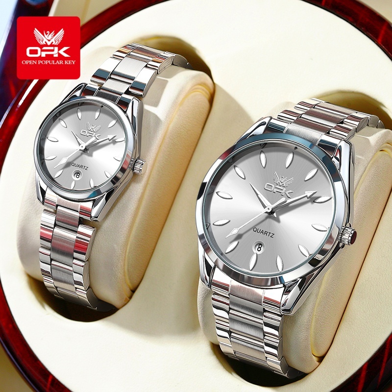 OPK Đồng hồ đôi Cặp Dây đeo đồng hồ bằng thép không gỉ Nam Nữ thạch anh Đơn giản Quà chống nước 6038