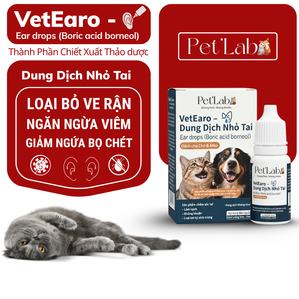 Dung dịch vệ sinh tai chó mèo VetEro Pet'Lab làm sạch giảm viêm ngứa rận tai 10ml/lọ