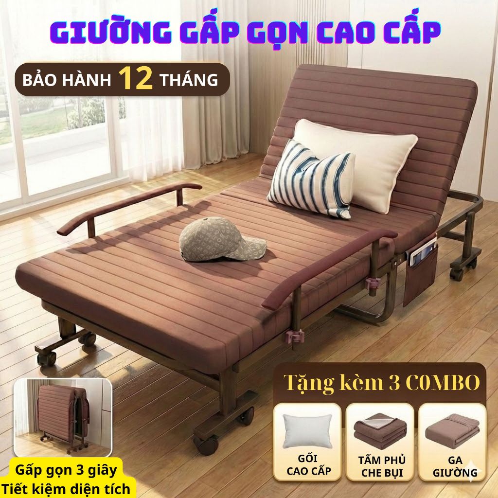 Giường gấp gọn 2 khúc cao cấp nâng đầu tùy ý, khung hợp kim sơn tĩnh điện, tiện lợi sang trọng bảo h
