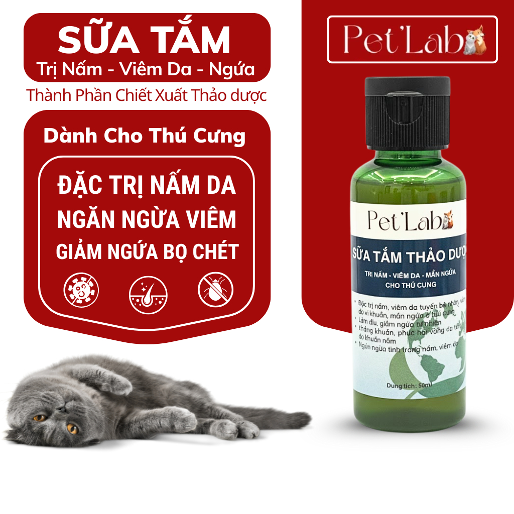 Sữa tắm trị nấm thảo dược Pet'Lab cho mèo chó bị nấm viêm da mẫn khử mùi 50ml/chai