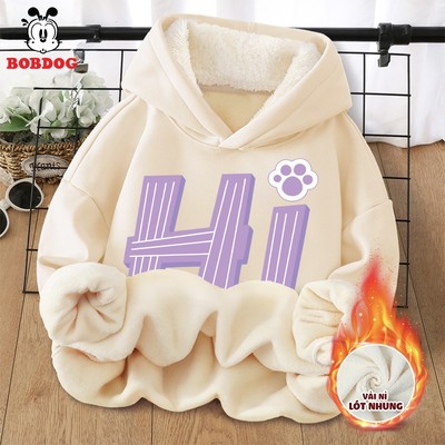 Áo nỉ cho bé gái BOBDOG, hoodie lót lông cho bé gái chất nỉ nhung dày ấm in hình chữ HI, W siêu cute
