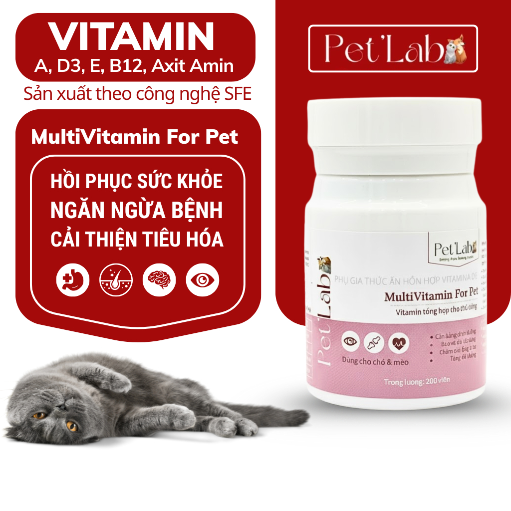 Hũ 200 viên Vitamin tổng hợp cao cấp cho chó mèo Pet'Lab bổ sung dinh dưỡng tăng đề kháng