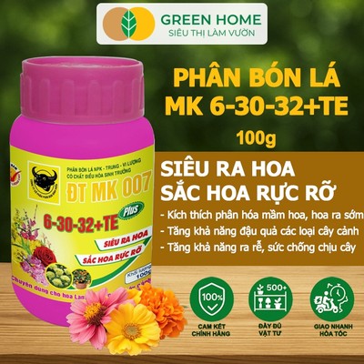 Phân Bón Lá Đầu Trâu 6-30-32 GreenHome, Hũ 100gr, MK 007, Siêu Ra Hoa Màu Rực Rỡ Chuyên Hoa Lan Hồng