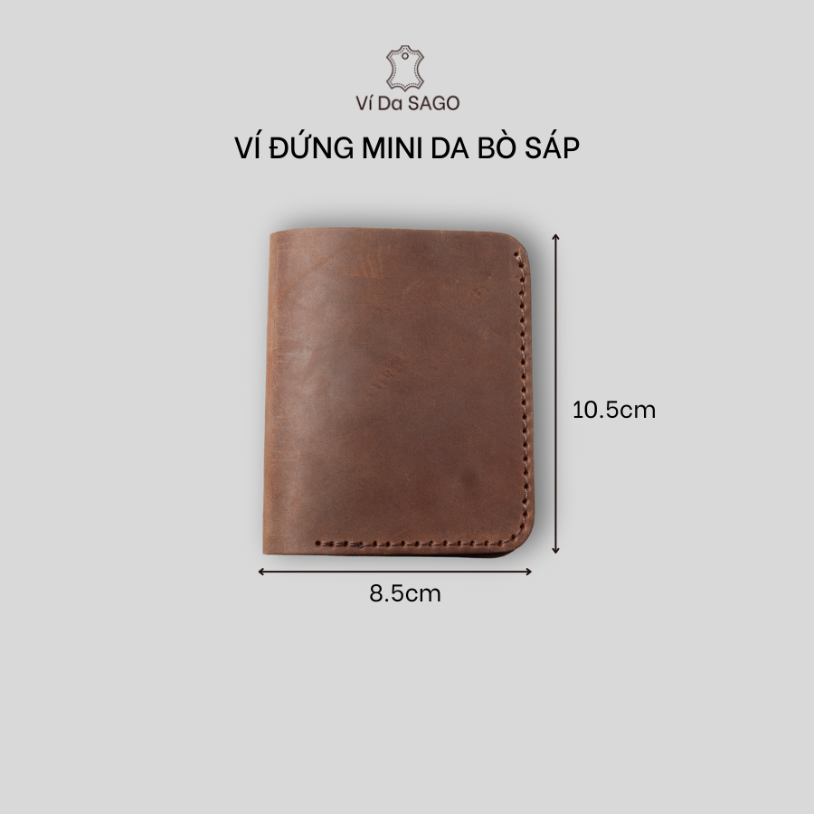 Ví đứng nam mini nhỏ gọn da bò sáp nâu - thương hiệu Ví Da SAGO - (SG05)