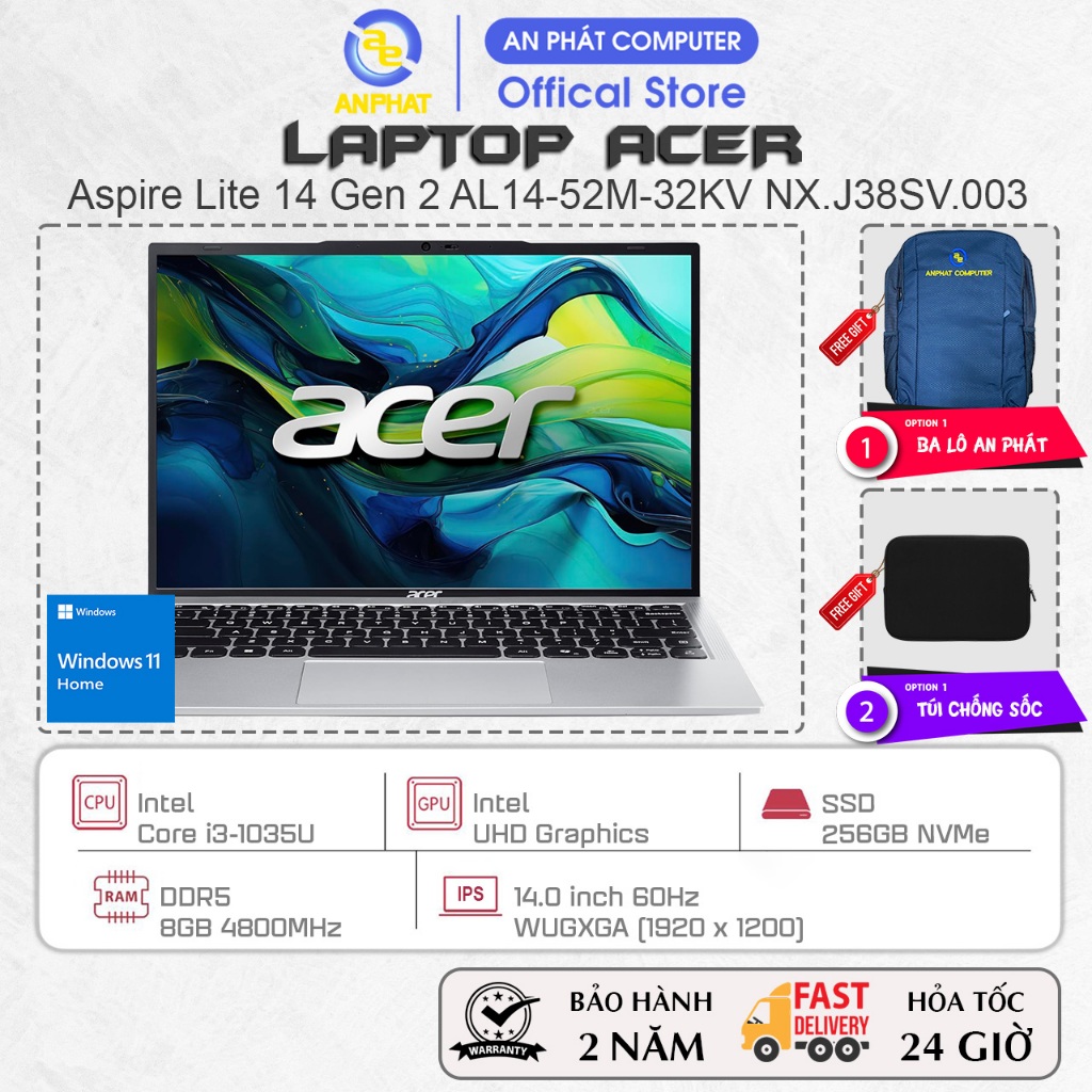 Laptop Acer Aspire Lite 14 Gen 2 AL14-52M-32KV NX.J38SV.003, Core i3-1305U, 8GB RAM, 256GB SSD, Win1