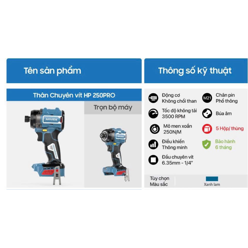Thân chuyên vít Akuza HP250 Pro động cơ không chổi than - Không kèm pin