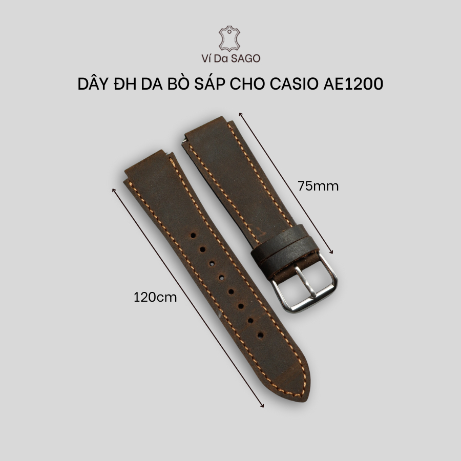 Dây đeo da bò thật cho CASIO AE1200 - thương hiệu Ví Da SAGO