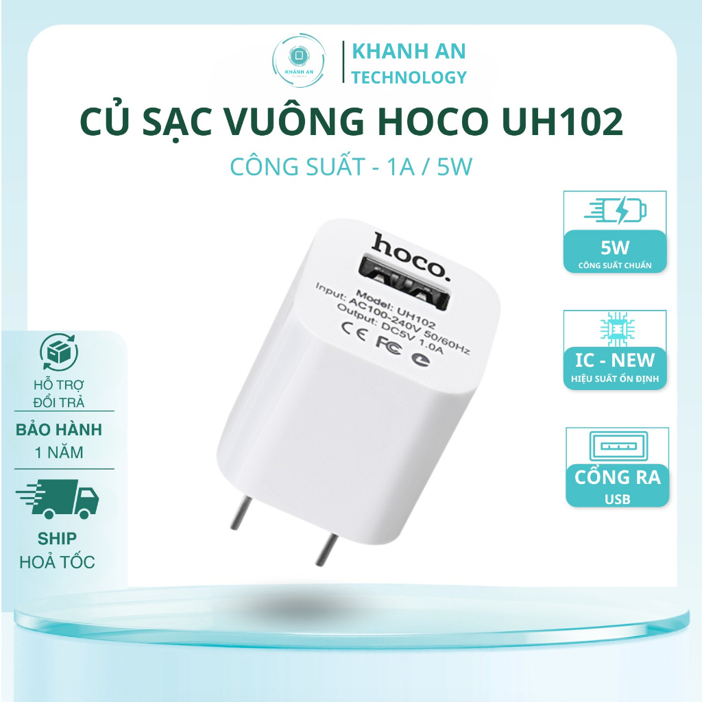 Củ Sạc Hoco UH102 - Cốc Sạc Tiêu Chuẩn 5W Tiêu Chuẩn, Ổn Định, Bảo Hành 1 Năm - Khánh An Technology