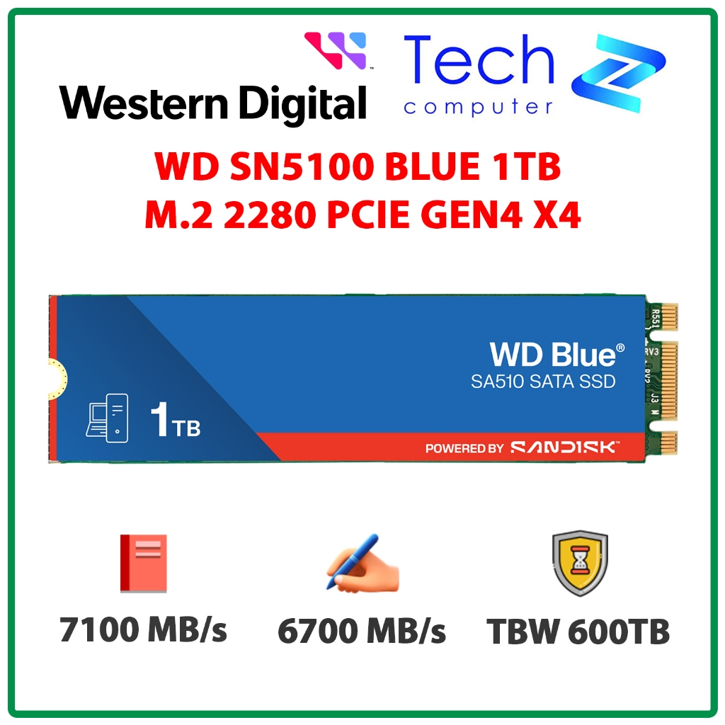 Ổ Cứng SSD WD SN5100 Blue 1TB – M.2 2280 PCIe Gen4 x4 (Đọc 7100MB/s - Ghi 6700MB/s) - (WDS100T5B0E)