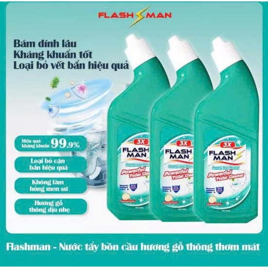 [COMBO 3 CHAI] Nước Tẩy Bồn Cầu Flashman 500g – Diệt Khuẩn 99.9% – Khử Mùi, Tẩy Sạch Vết Bẩn