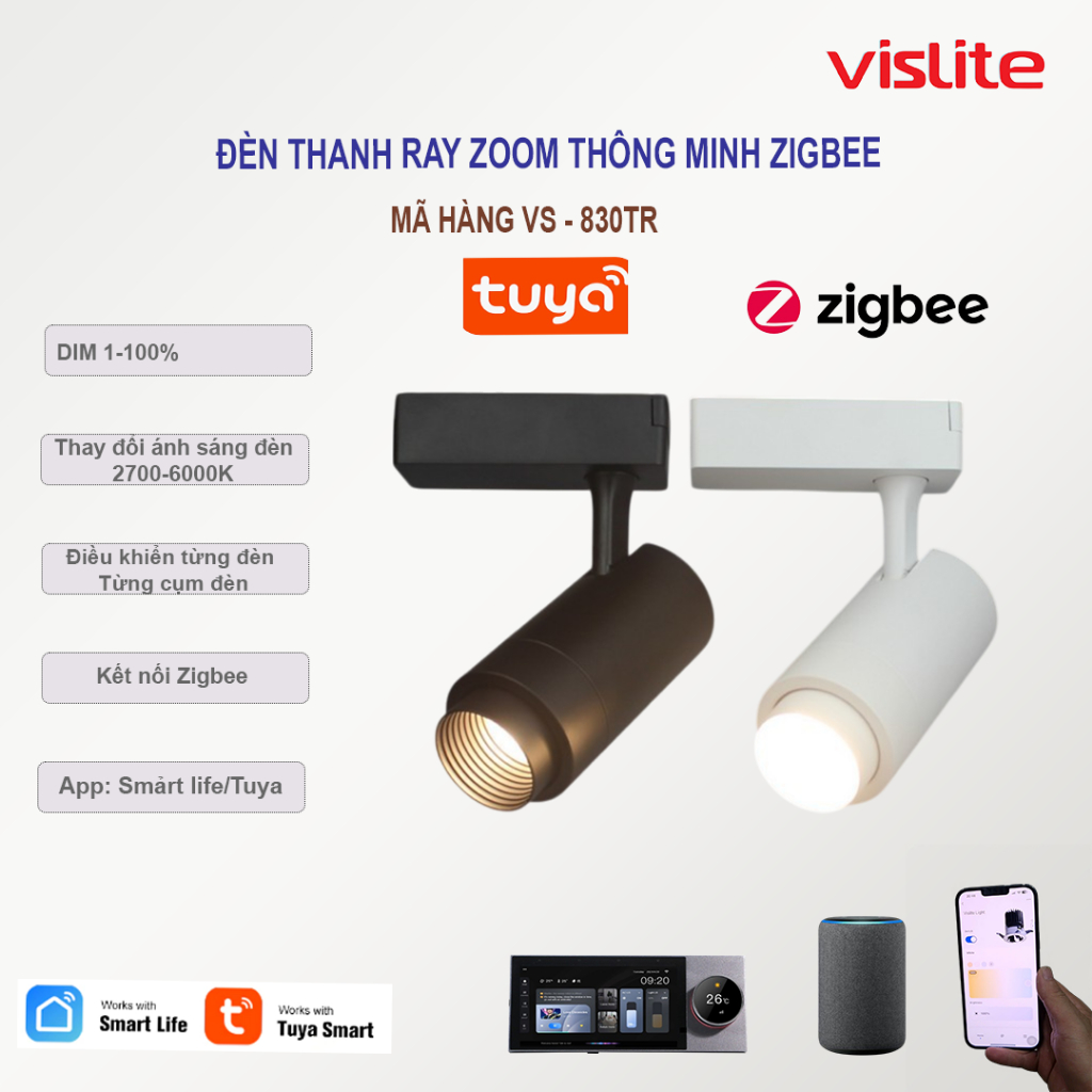 Đèn thanh ray Zoom Tuya Zigbee VS-830AS 10W / 18W / 25W Ánh sáng từ 2700-6000K, dim 1-100%, app Tuya