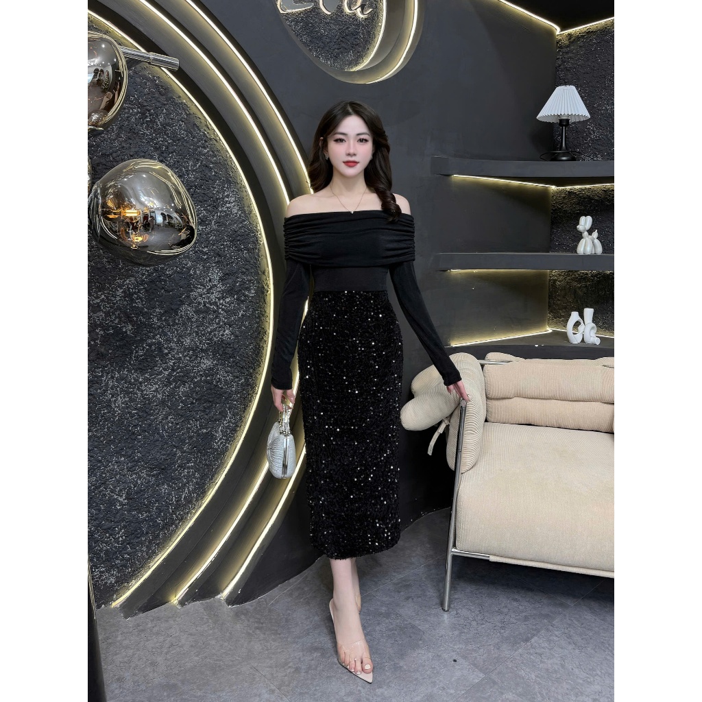 2VK148 - Váy thiết kế Eviici trễ vai phối nhún kim cương co dãn, dáng bút chì xuông phối kim sa