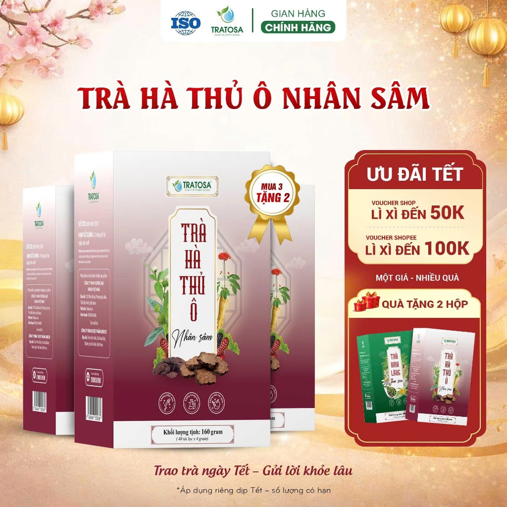 Trà hà thủ ô nhân sâm TRATOSA 5 Vị, 1 hộp 40 túi lọc, hoàn toàn từ thiên nhiên