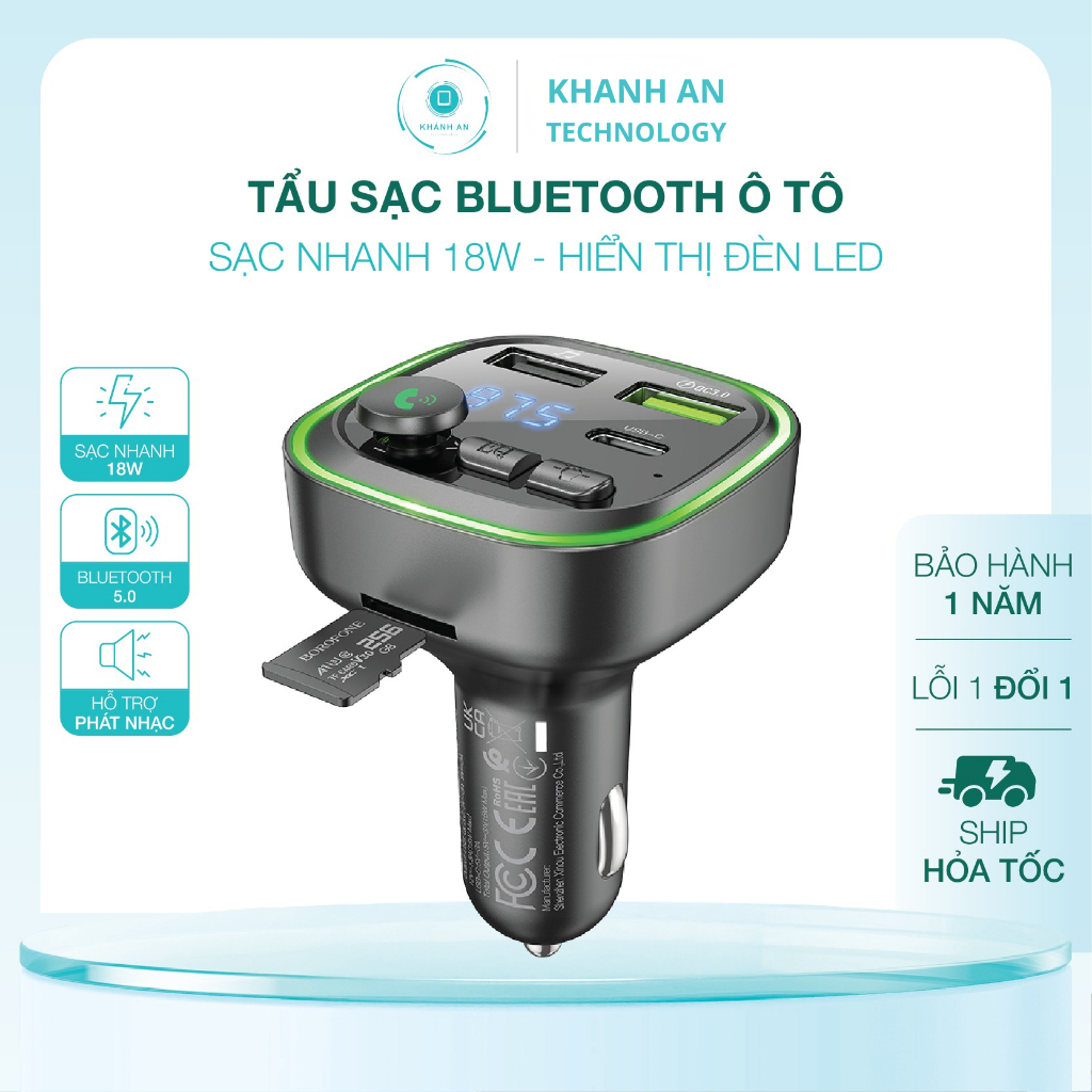Tẩu Sạc Bluetooth Ô Tô Hỗ Trợ Sạc Nhanh 18W Borofone BC48 , Tẩu Sạc Xe Hơi 12V-24V Hiển Thị Đèn LED