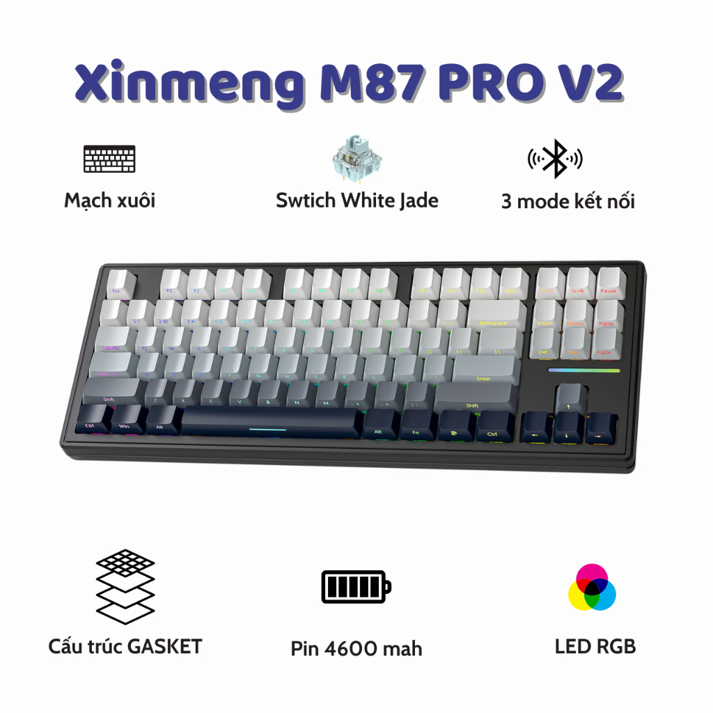 Bàn Phím Cơ Silent Xinmeng M87 V2 Không Dây Bluetooth Gaming LED RGB Pro App Custom Hotswap , 3 Mode