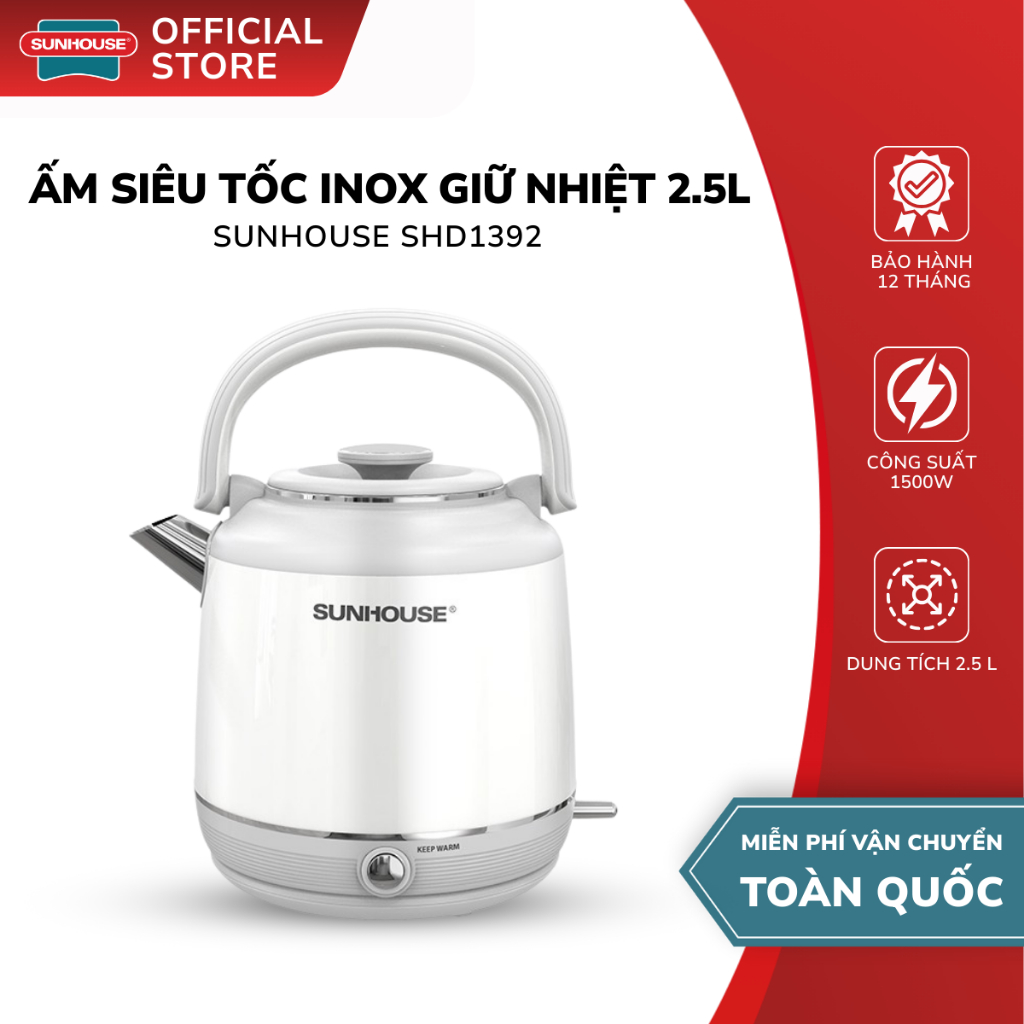 Ấm Siêu Tốc Inox giữ nhiệt 2.5L Sunhouse SHD1392