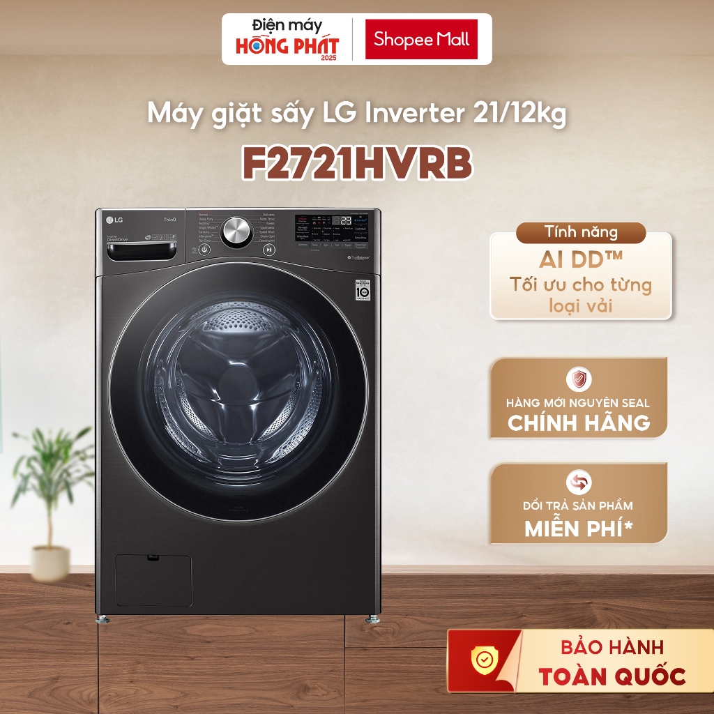 Máy Giặt Sấy LG AI DD™ Inverter 21/12 Kg F2721HVRB - Giặt Nhanh TurboWash™ [Giao-Lắp HCM]