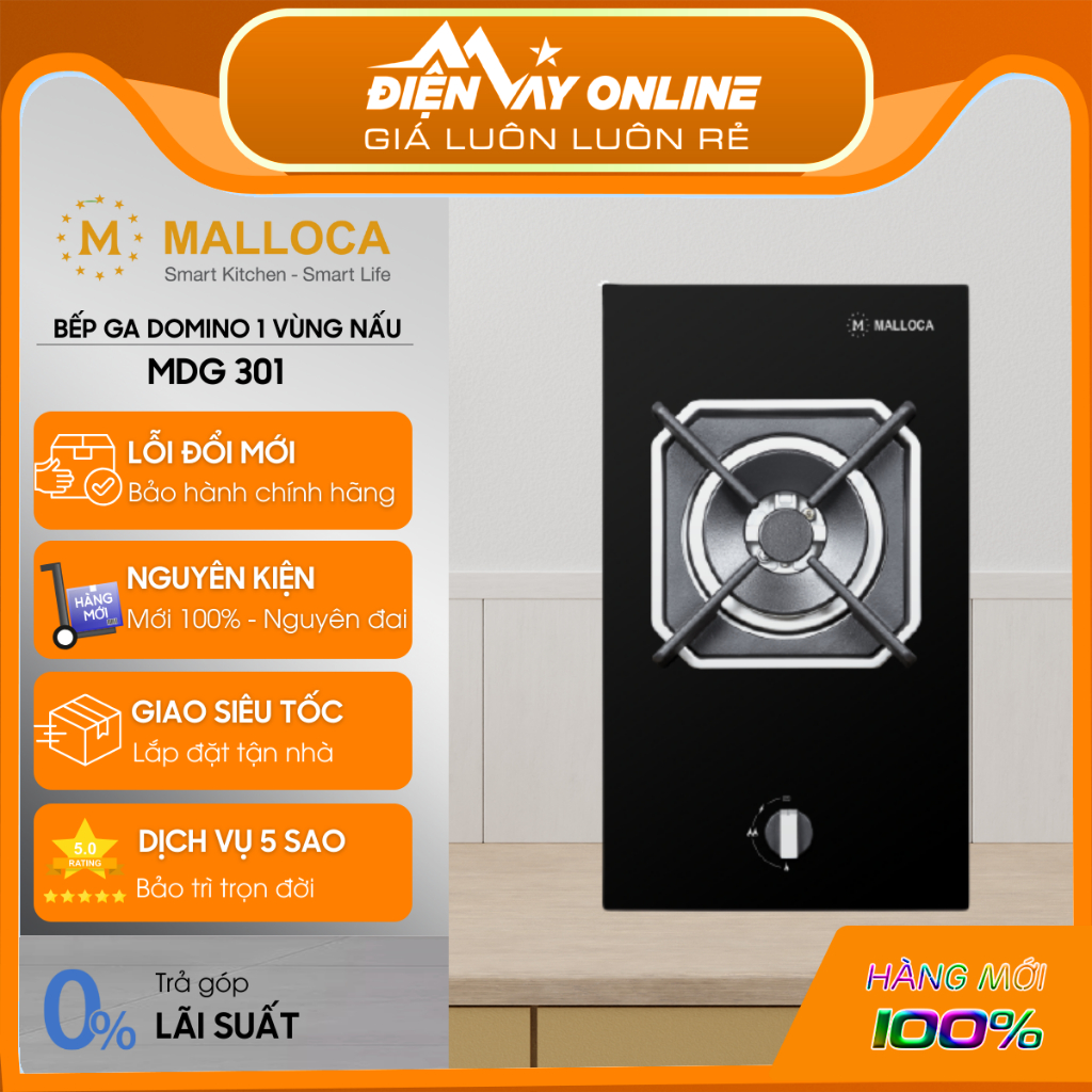 [HỖ TRỢ LẮP ĐẶT] Bếp Gas Âm 1 Vùng Nấu Domino Malloca MDG 301- Công Suất 4600W - Mâm đốt Sabaf - Bảo