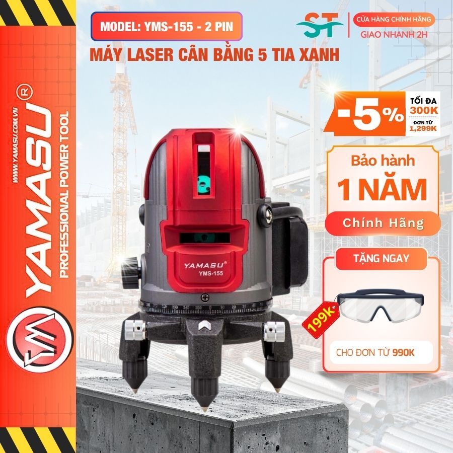 Máy cân mực laser YAMASU YMS-155 với 5 tia xanh siêu sáng tặng kèm chân laser 1,2m bảo hành trên toà