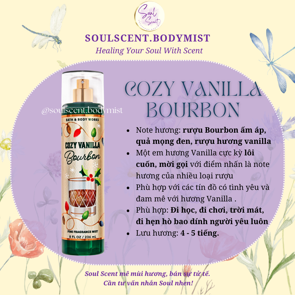 COZY VANILLA BOURBON Body mist xịt thơm toàn thân Bath & Body Works | Soul Scent | Vỏ mới 2025