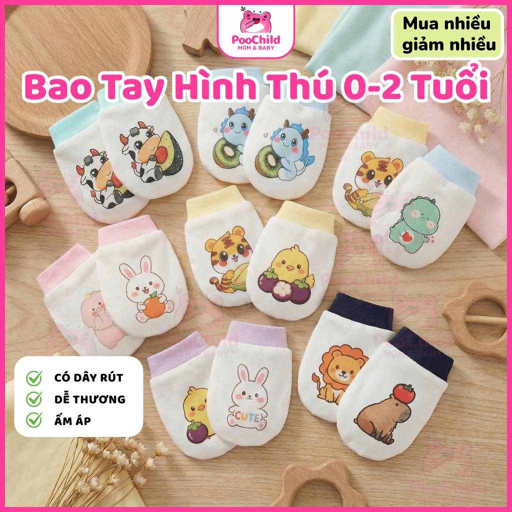 Bao tay cho bé sơ sinh đến 2 tuổi PooChild, bao tay cotton dây rút chống cào trầy xước thoáng cho bé
