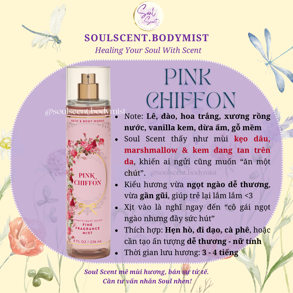 PINK CHIFFON Body mist xịt thơm nước hoa toàn thân Bath & Body Works (AUTH Mỹ) | Soul Scent